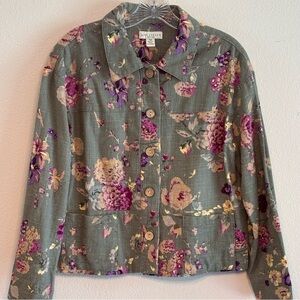 EUC Appleseed's Women's Green Floral Jacket with Purple and Pink Accents Size PM